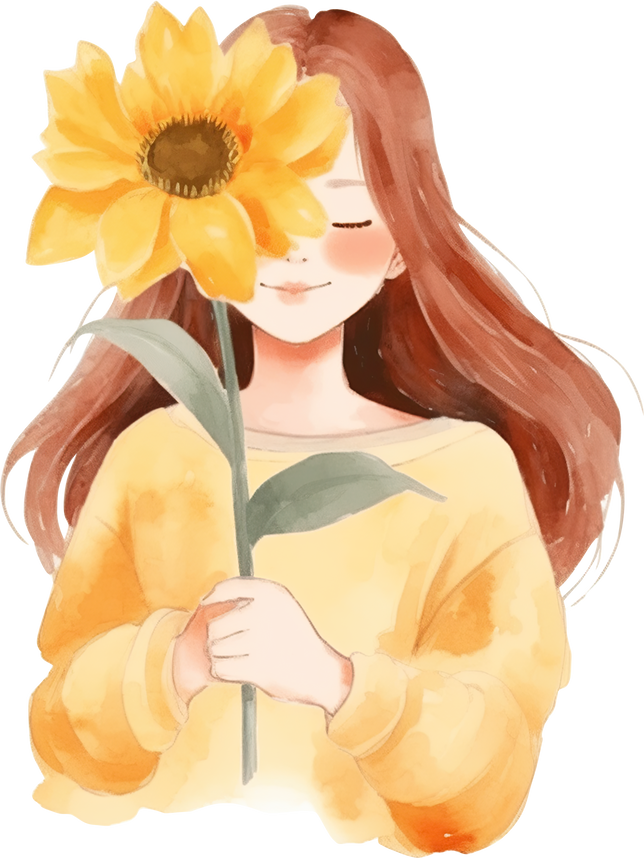 Cute girl holding a sunflower, watercolor illustration