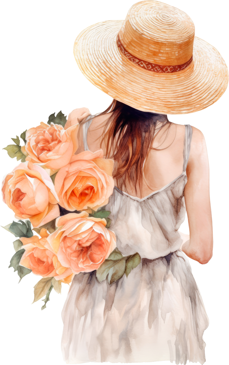 Peach Roses Flowers Girl Watercolor